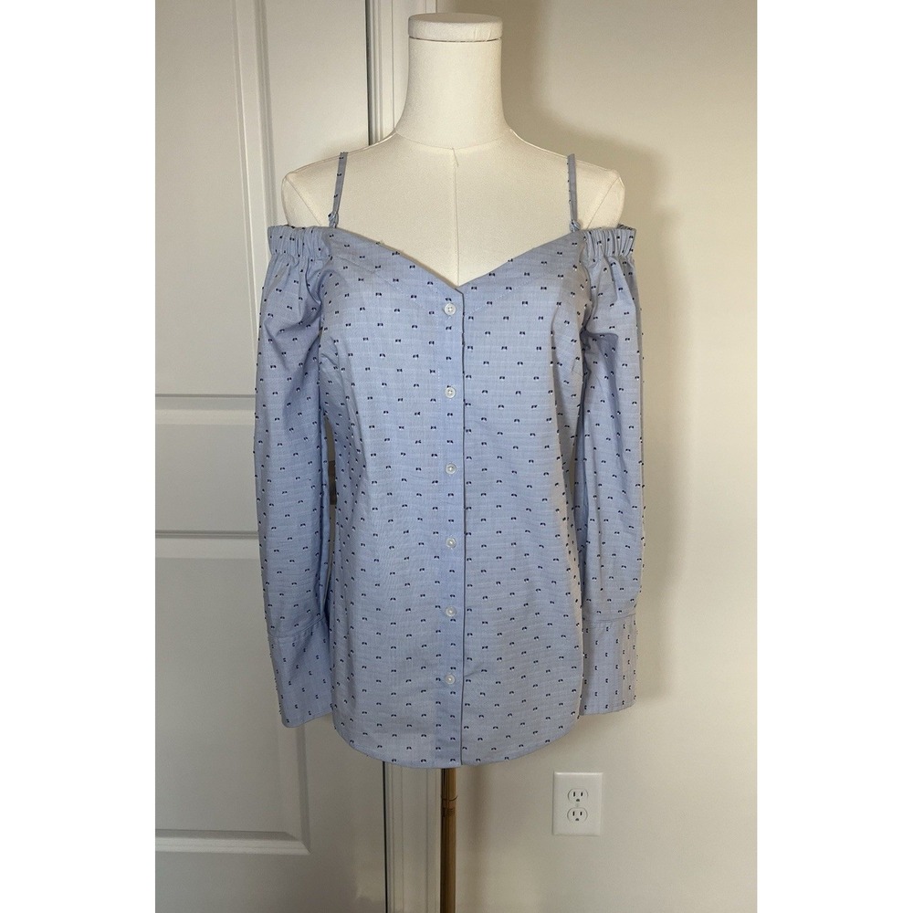 Banana Republic Blue Off The Shoulder Button Up Blouse Size 4 Long Sleeve Preppy
